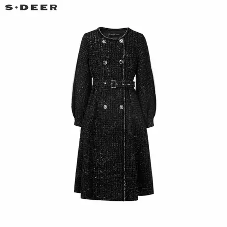 sdeer圣迪奥女装小香风圆领收腰格纹长款风衣S243Z1804商品大图