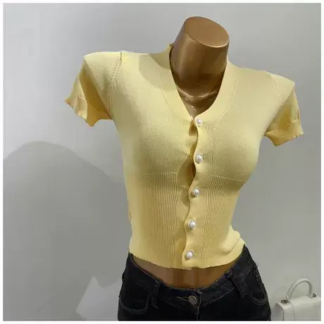 韩国女主风！性感V领珍珠扣短袖针织开衫短款气质上衣2021夏季新图片
