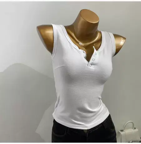 性感简约风！韩国摁扣开领无袖背心女装夏百搭修身气质背心吊带图片