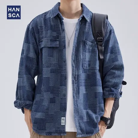hansca工装衬衫男长袖2024秋冬季宽松潮牌翻领痞帅牛仔衬衣外套图片