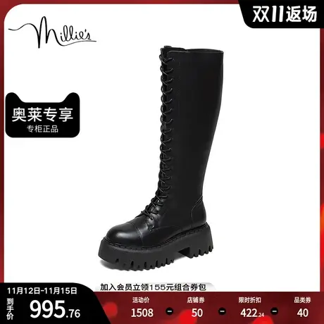 millie's妙丽冬商场同款牛皮时尚机车骑士靴女长靴25563DG2商品大图