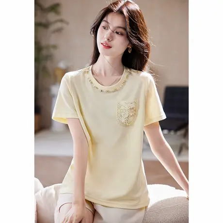 宝诗黎圆领钉钻棉质短袖T恤2025夏季简约纯色休闲百搭正肩上衣女图片