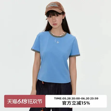 omont蛋挞家复古撞色圆领刺绣短袖T恤2025夏正肩修身显瘦半袖上衣商品大图