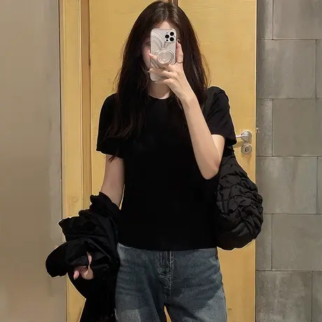 爆款夏季黑色正肩短袖t恤女2025新款修身显瘦打底衫chic韩系上衣图片