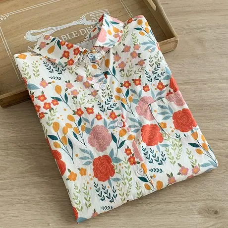 春秋韩版文艺小清新红色碎花宽松百搭纯棉长袖衬衫女外穿打底上衣图片