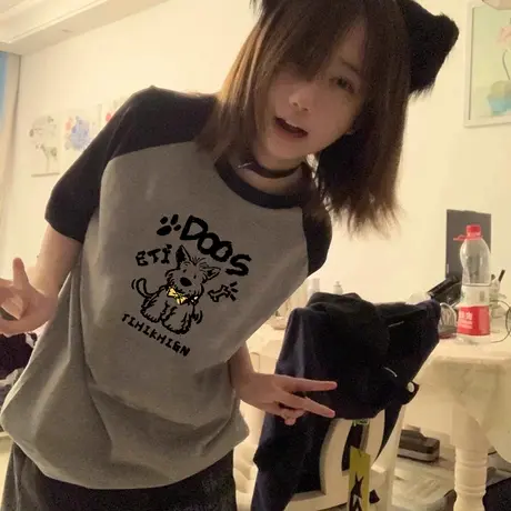 超火胖mm大码美式复古小众撞色拼接短袖t恤女夏季chic上衣甜辣ins商品大图