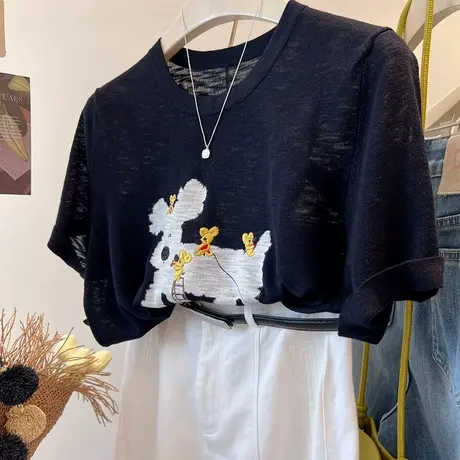 凉爽竹节麻！立体小狗刺绣 韩系减龄圆领宽松百搭冰丝针织t恤女夏商品大图