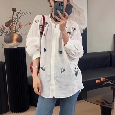 韩系设计感刺绣衬衫女2025夏季新款宽松显瘦小个子衬衣小众上衣女商品大图