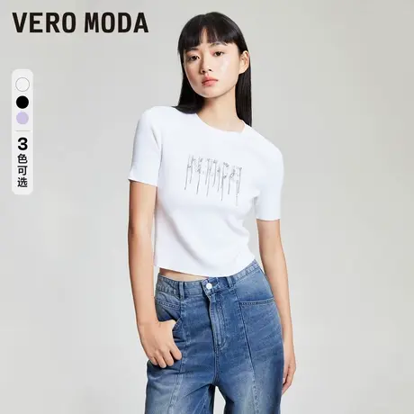 Vero Moda针织T恤春季仿水钻字母装饰流苏短袖上衣324145004图片