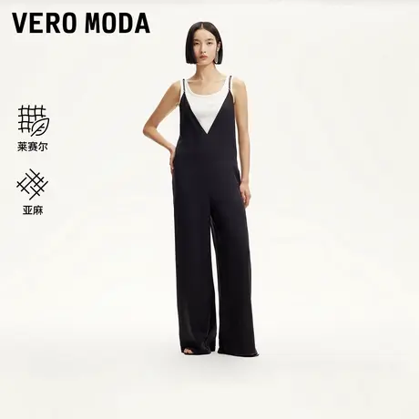 Vero Moda奥莱背带裤女2025夏新款V领吊带设计莱赛尔亚麻阔腿裤子商品大图