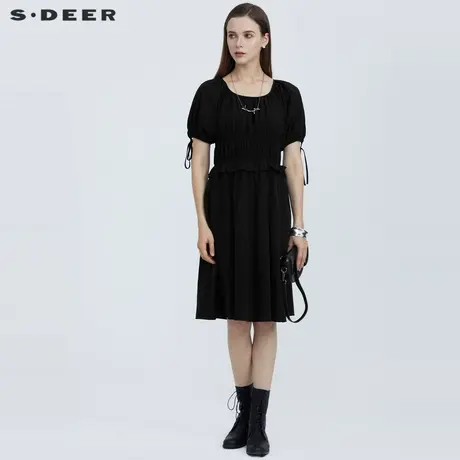 sdeer圣迪奥夏简约圆领松紧抽褶系带短袖连衣裙S21261251商品大图