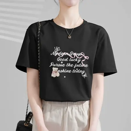 KWV真维斯黑色纯棉女士短袖t恤女2025新款爆款百搭宽松上衣女夏季商品大图