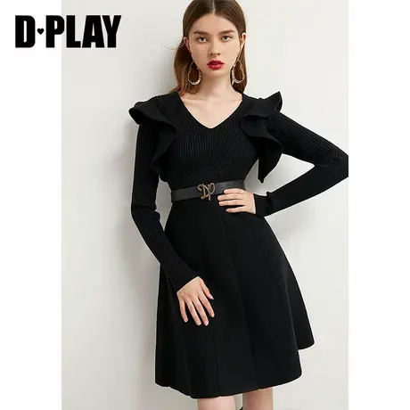 DPLAY德帕拉秋冬黑色V领木耳边长袖大摆针织连衣裙商品大图