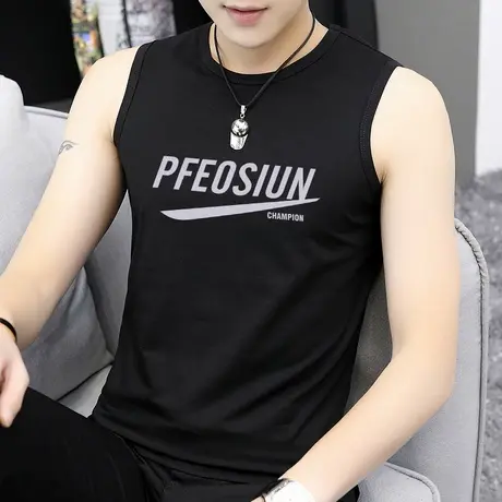 莫代尔黑背心男士无袖t恤修身潮流夏季男装篮球运动印花冰丝坎肩商品大图