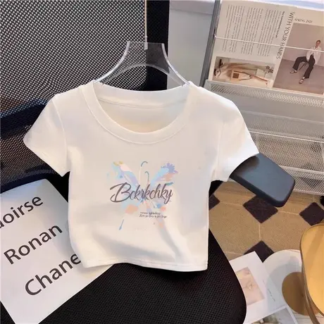 白色短袖t恤女2025韩系夏季蝴蝶印花短款辣妹纯欲显瘦紧身上衣潮商品大图