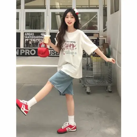 韩系慵懒风白色短袖t恤女纯棉夏季宽松半袖上衣女2025新款爆款潮商品大图