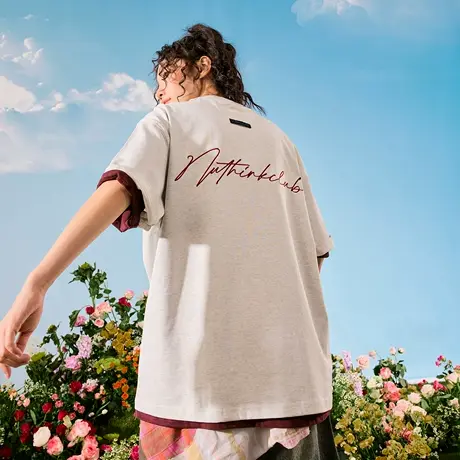 Nuthink潮牌刺绣字母短袖T恤美式复古半袖纯棉宽松男女2025夏新款图片