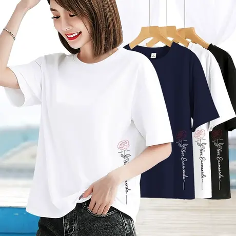 纯棉圆领短袖t恤女夏2024新款宽松ins潮半袖印花上衣白色百搭体恤图片
