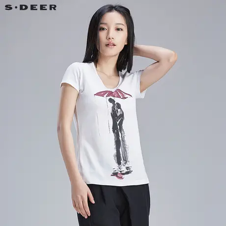 s.deer【新品】圣迪奥女装趣味抽象印花短袖T恤S16280120图片