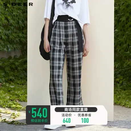 sdeer圣迪奥女夏装复古高腰撞色格纹直筒休闲长裤S22280837图片
