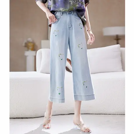 宝诗黎烫钻刺绣七分牛仔裤女2025夏季直筒百搭休闲宽松大码阔腿裤图片