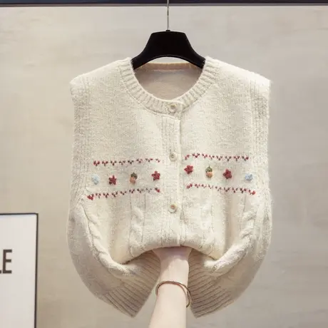 手工花开衫圆领针织马甲背心女2025春秋新款宽松马夹外穿毛衣坎肩商品大图