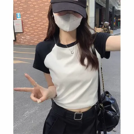拼色插肩短袖T恤女2025夏季新款修身打底衫内搭短款小个子上衣潮商品大图