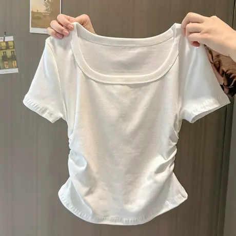 韩系高级感方领正肩短袖T恤女夏季修身韩版辣妹褶皱掐腰半袖上衣商品大图