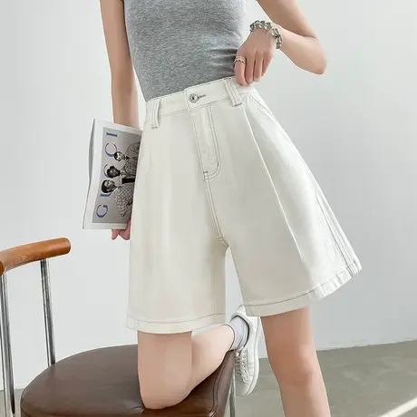 白色五分天丝棉牛仔短裤女夏季薄款高腰显瘦a字直筒宽松阔腿中裤图片