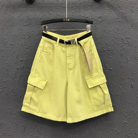 糖果色休闲牛仔裤女欧货2025夏季新款宽松大口袋高腰工装阔腿中裤商品大图