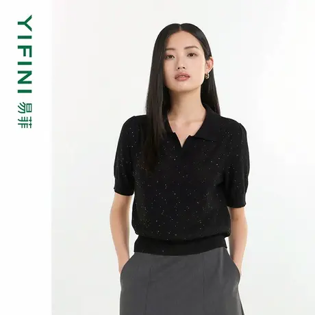 Yifini/易菲天丝三醋酸混纺翻领宽松烫钻短款毛衫夏季新款针织衫商品大图