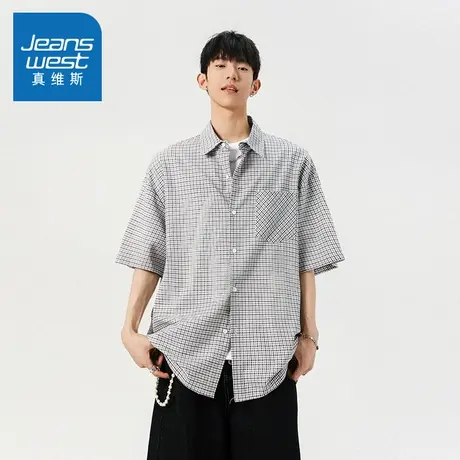 N5真维斯男士短袖衬衫2025夏季新款美式复古格子休闲宽松百搭衬衣商品大图