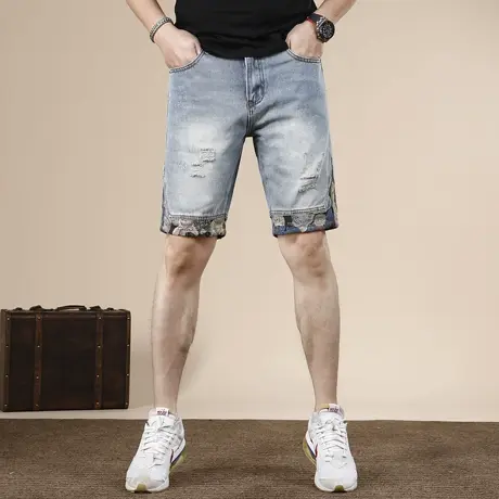 夏季牛仔短裤男五分裤2024新款宽松拼接刺绣破洞男士中裤外穿夏天图片