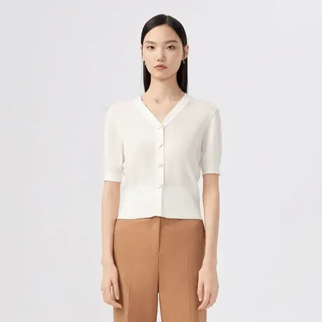 LANCY/朗姿女装夏季白色针织开衫女短袖修身气质V领开衫商品大图