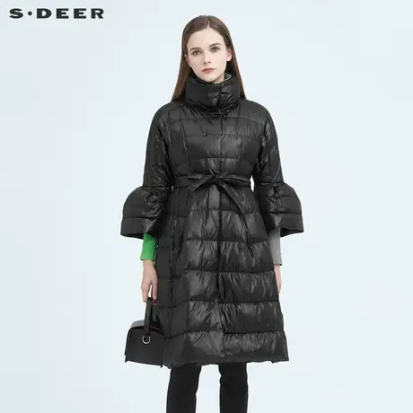 sdeer圣迪奥女装休闲立领喇叭袖收腰黑色时尚长款羽绒服S20482412图片