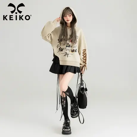 KEIKO 文艺风印花连帽卫衣2024秋季美式学院宽松绑带饰泡泡袖外套商品大图
