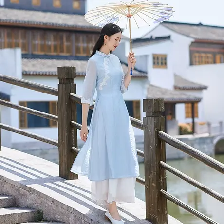 茶服仙气夏季2023新款中国风连衣裙丝麻提花复古文艺改良旗袍女图片