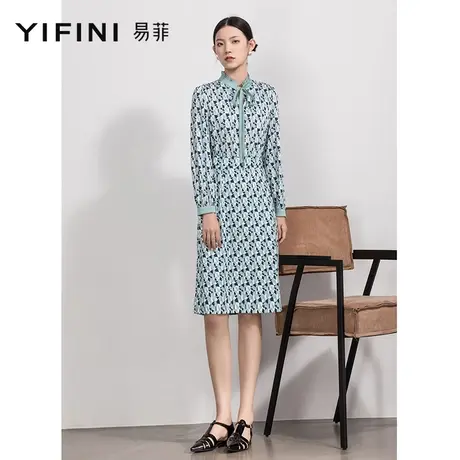 Yifini/易菲遮肉显瘦长袖小立领荷叶边印花连衣裙女春秋新款图片