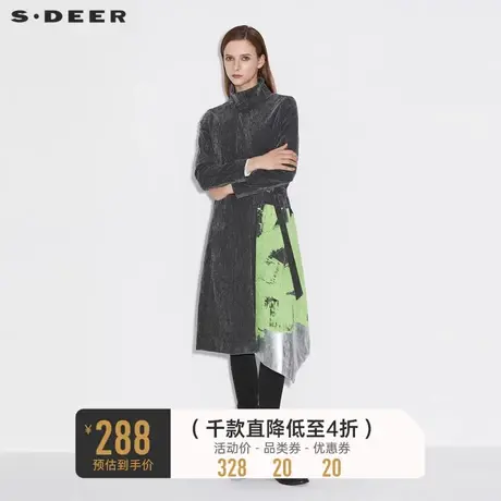 sdeer圣迪奥女装时尚立领撞色印花灯芯绒收腰长款风衣S21381827🚳商品大图