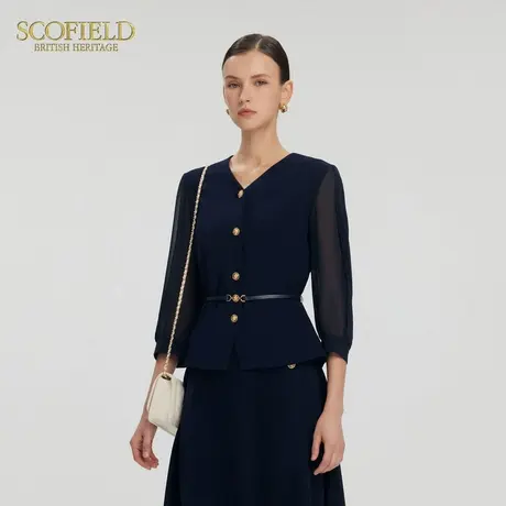 Scofield女装都市设计感衬衫V字拼接收腰上衣2025夏季新品商品大图