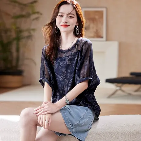 宝诗黎【新品价158元】圆领蝙蝠袖印花雪纺衫CCB2047商品大图