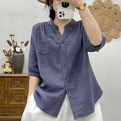 夏季文艺小清新纯棉双层棉纱中袖白衬衫女宽松休闲五分袖上衣百搭商品大图