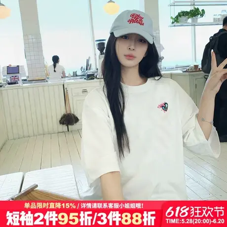 2025夏季新款高级感甜酷风白色正肩t恤女短袖宽松百搭重磅上衣潮图片