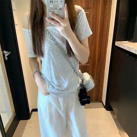 纯欲性感斜领露肩短袖T恤女夏季韩版宽松打底衫内搭条纹半袖上衣商品大图