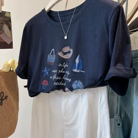 夏日度假海滩印花tee 韩系趣味减龄凉爽舒适百搭宽松短袖T恤女夏商品大图