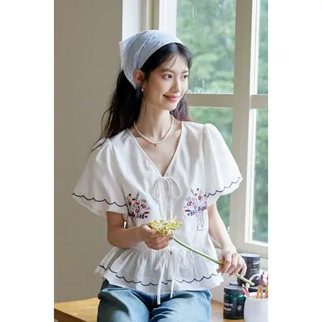 弥古v领泡泡袖上衣女高级感刺绣法式宽松短款短袖衬衣2025夏季商品大图