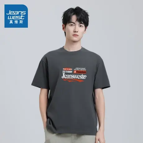 V6真维斯男装纯棉短袖T恤 2025春季新款印花圆领套头衫男宽松上衣商品大图