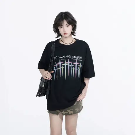 YEP设计感印花黑色短袖t恤女春夏2025年新款复古宽松街头半袖上衣图片