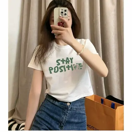 白色高腰短款正肩t恤女2025新款夏季设计感爆款洋气百搭短袖上衣商品大图