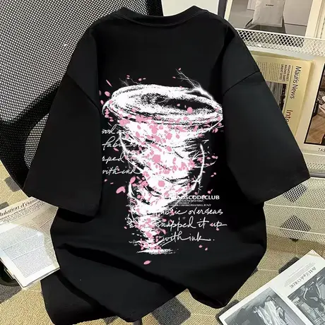 2025夏季纯棉美式高街短袖t恤印花樱花龙卷风高级男女hiphop上衣商品大图